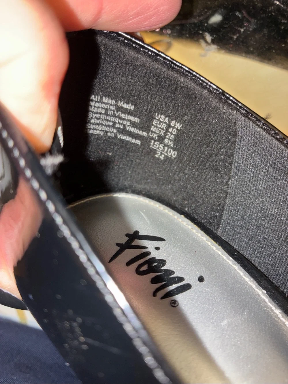 Genuine Fioni Black Patent Wedge Pumps with Silver Medallion Size 6.5